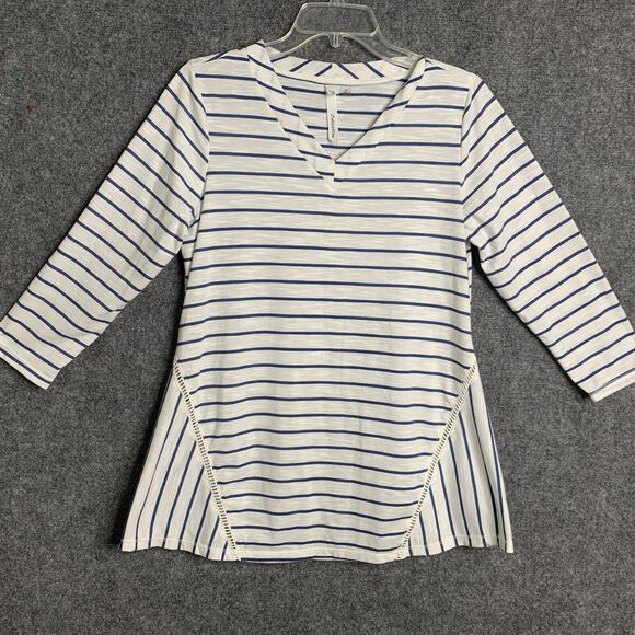 NY Collection Striped Knit Tunic Top Light Weight Women M 3/4 Sleeve Flare Hem - Picture 1 of 16